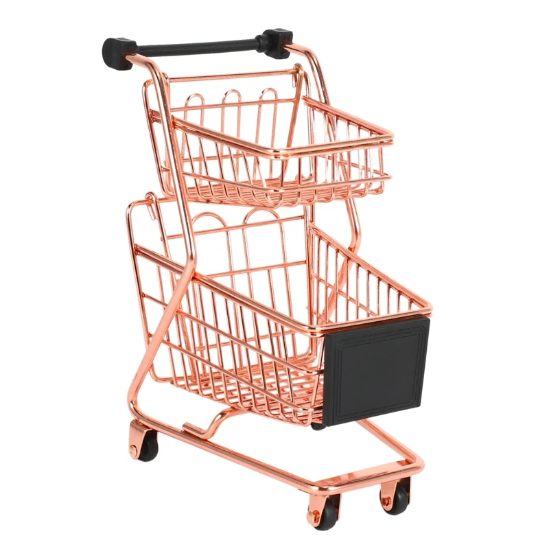

Mini Double Layers Shopping Cart Model Wrought Iron Supermarket Trolley Metal Rose Gold Storage Basket