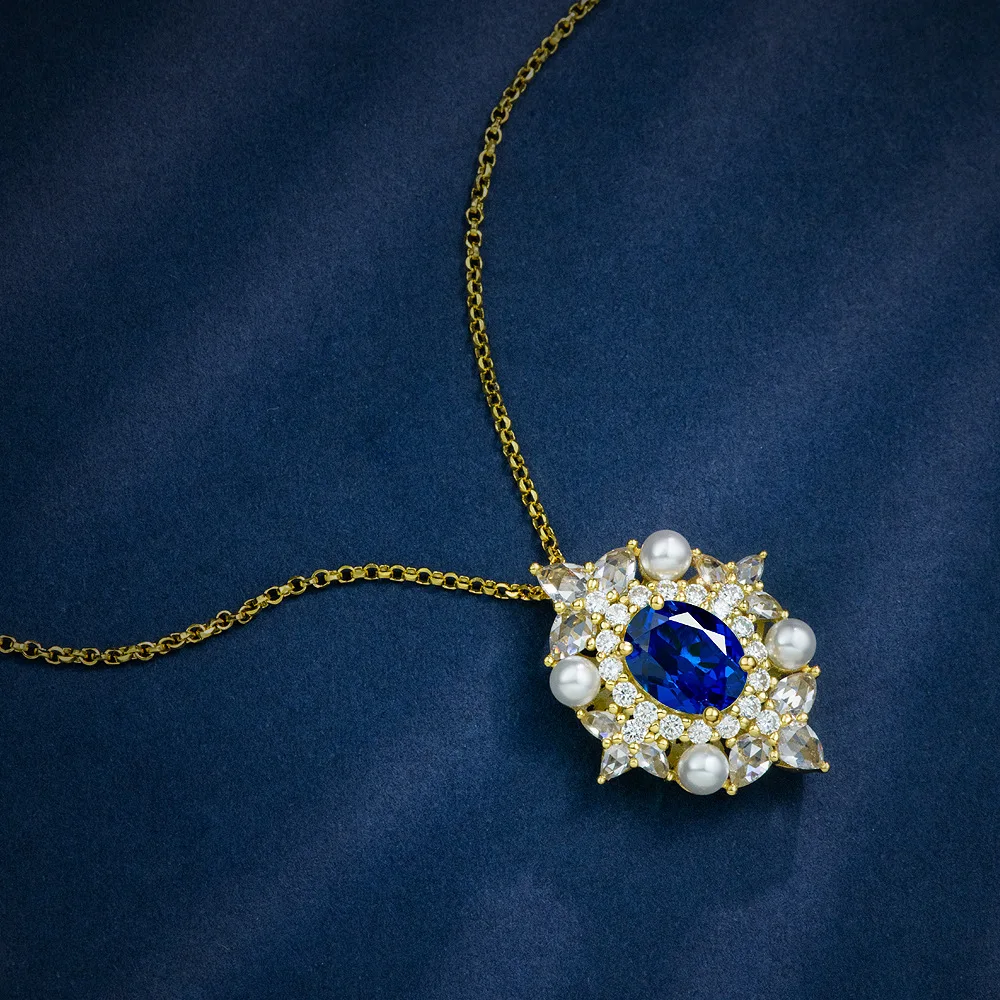 

Новое роскошное ожерелье 7*9 из серебра 925 пробы с голубым корундом 2 карата в средневековом Ретро дворцовом стиле роскошное ожерелье 40 + 3 см с золотым покрытием