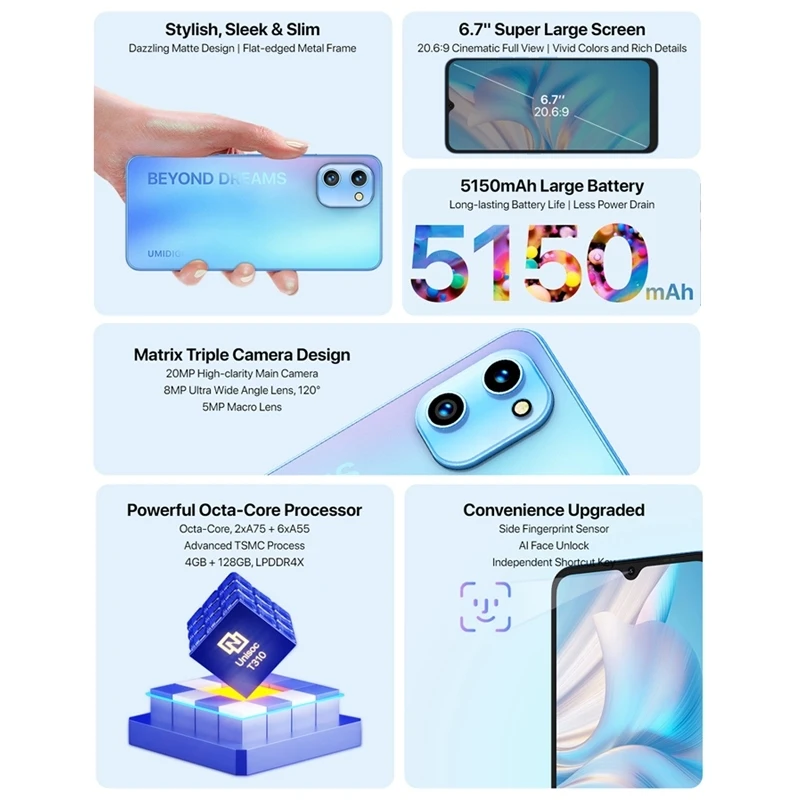 umidigi a13 global version mobile phone 4gb ram 128gb rom face id fingerprint id 6 7 inch android 11 unisoc t610 octa core free global shipping
