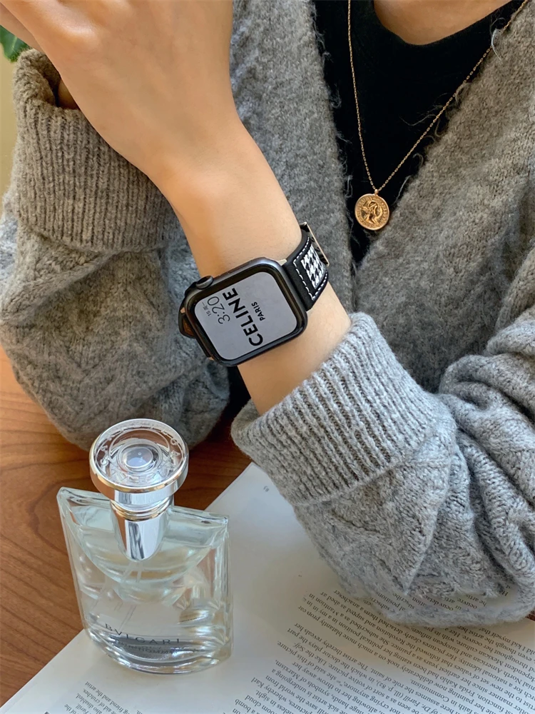 Ремешок тканевый кожаный для Apple Watch Band Series 7 6 5 4 3 SE, стильный мягкий браслет для iWatch 41 мм 45 мм 38 мм 40 мм 42 мм 44 мм