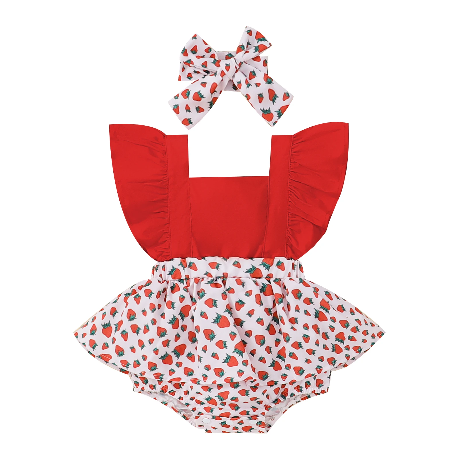 

2022-03-31 Lioraitiin 0-24M 2Pcs Baby Girl Summer Outfit Strawberry Print Square-Neck Flying-Sleeve Bodysuit + Hairband