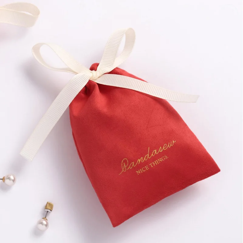 Red Flannel Gift Bags 7x9cm 9x12cm 10x15cm 13x17cm 18x30cm Eyelashes Hair Packaging Sack Jewelry Suede Drawstring Pouches