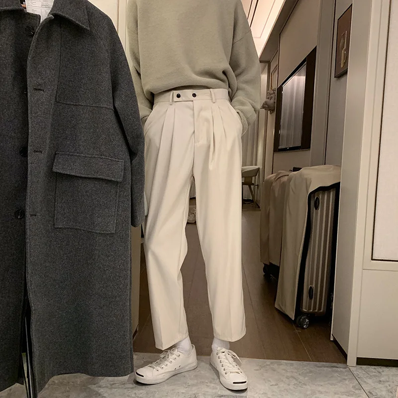 

Solid Pants Korean Suit Trousers Nine Loose Pants Straight 2021 Spring All-match Simple Points Men Male Style Trousers Prowow