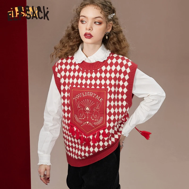 ELFSACK Red Plaid Sweater Vests Women 2022 Winter Sleeveless Knitted Daily Tops