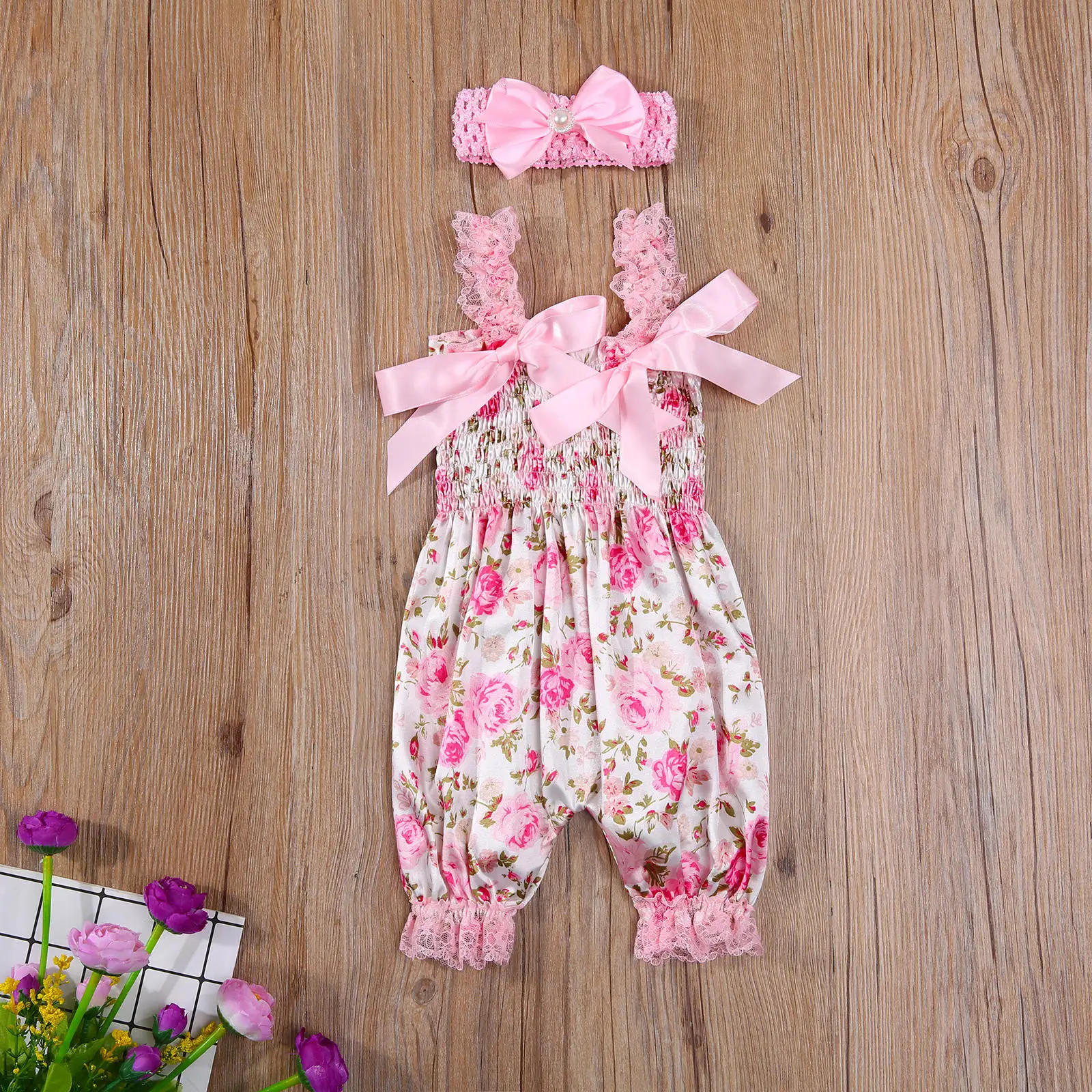 

Детский комбинезон с повязкой на голову в горошек/с цветами/леопардовым принтом для девочек с эластичным плечевым ремнем + головной убор