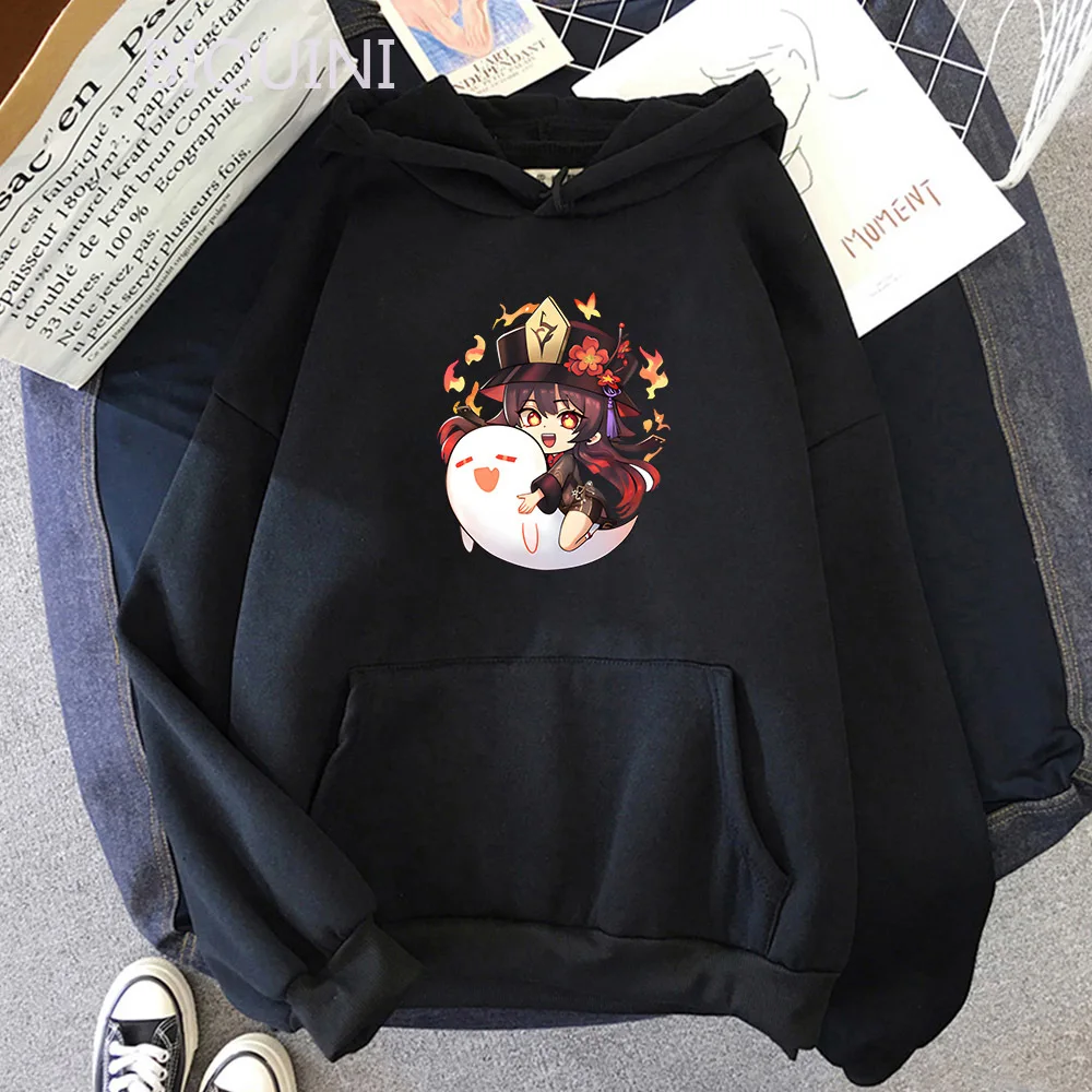 

Hu Tao Chibi Genshin Impact Spirit Hoodies Oversized Graphic Women Unisex Cute Black Tops Men Spring Fashion Kawaii Streetwear
