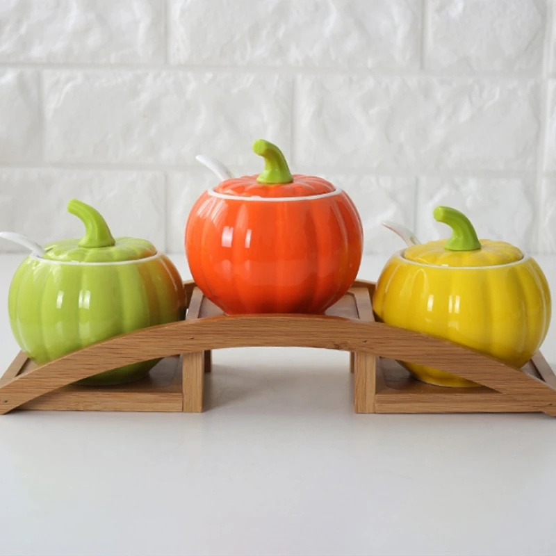 

Creative Pumpkin Ceramic Seasoning Jar Set with Spoon Salt Sugar Bowl Msg Pepper Edible Oil Container Kitchen