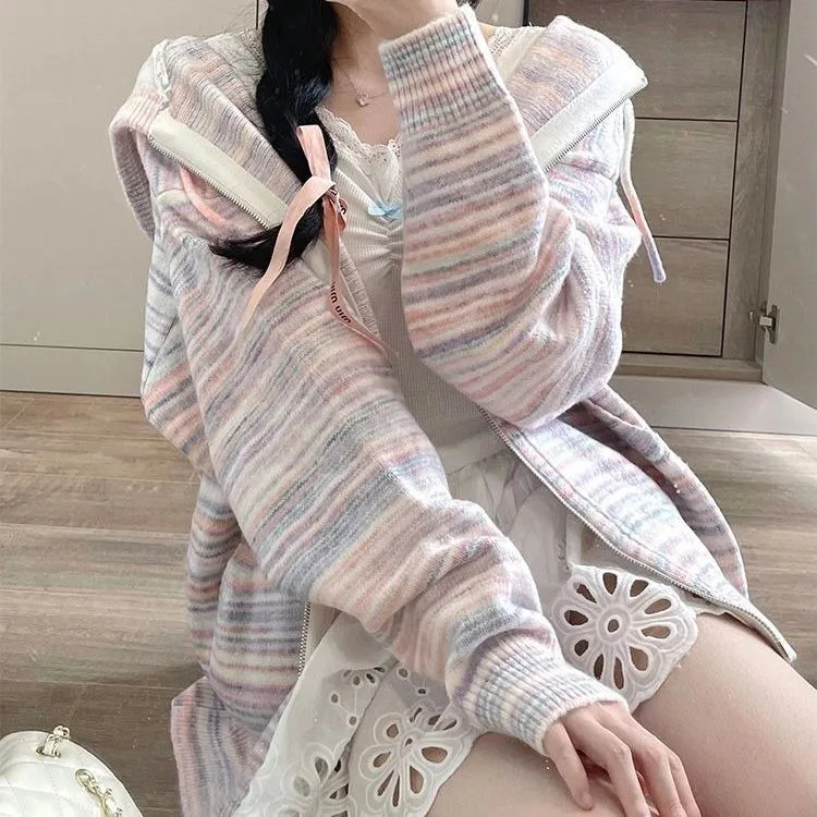 

Sweet Rainbow Striped Hooded Sweaters Mujer Autumn New Long Zleeve Zipper Cardigans Y2k Grunge Mid-length Knitted Cardigan