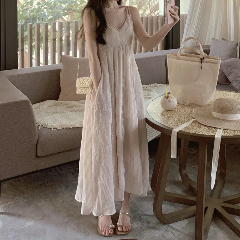 

Summer 2023 New Misty Girl Special Texture Slip Dress ~ Loose Sleeveless Gentle Temperament Long Dress Korean Clothes Women