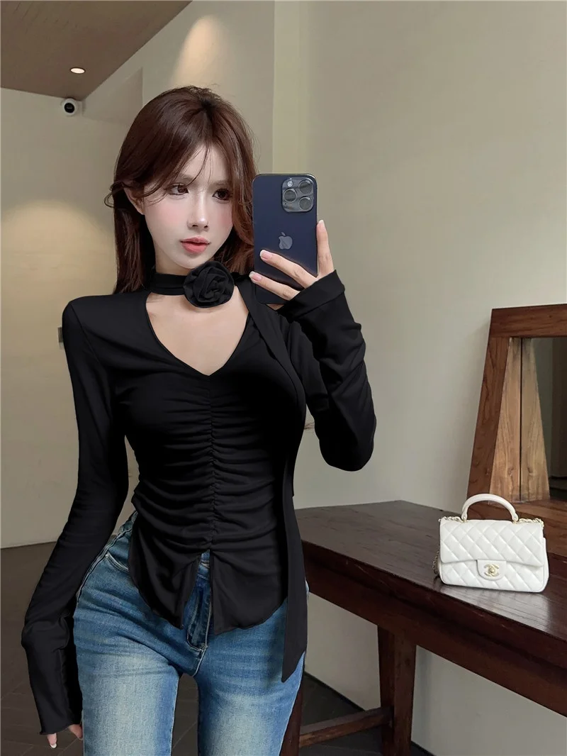 Pure Desire Gyaru Sexy Chest Emphasizing Top Women Deep V-neck Hanging Neck Long sleeves Shirt Bottoming Inner wear Des...