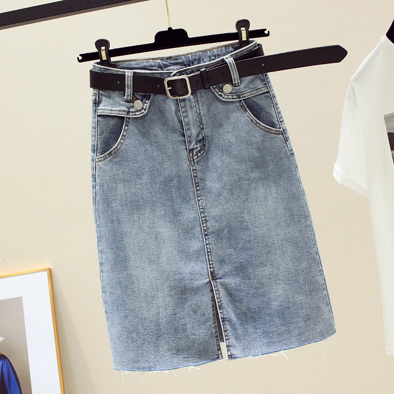 

Ailegogo 2022 New Spring Summer Women Solid Denim Skirt Casual Retro High Waist A-line Skirt with Belt Slim Medium Length Skirts