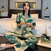 new short sleeve trousers womens silk satin pajamas set home sleepwear personalized printing two piece set loungewear plus size
