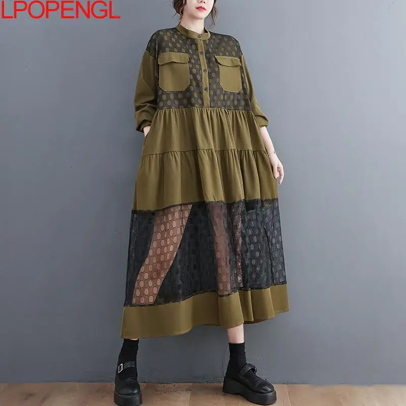 

2023 Women's Autumn New Korean Fashion Patchwork Mesh Long Sleeved Standing Neck Loose Waist Casual Hollow Out Streetwear Dress
