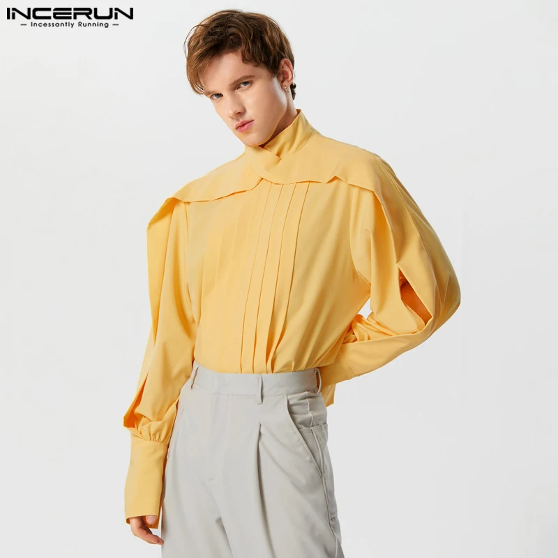 

Рубашка INCERUN мужская с воротником-стойкой, Повседневная блуза с длинным рукавом, с перфорацией, плиссированная уличная одежда, 2023
