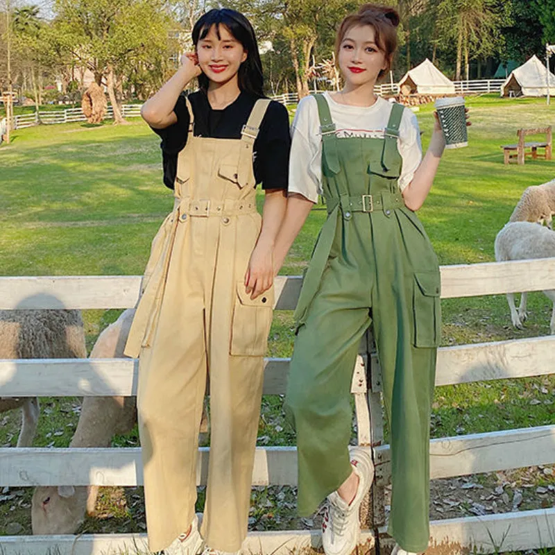 

Jumpsuits Women Sashes Green Loose Suspender Straight Chic Oversize Overalls Cute Girls Slim Leisure Trendy Korean Style Holiday