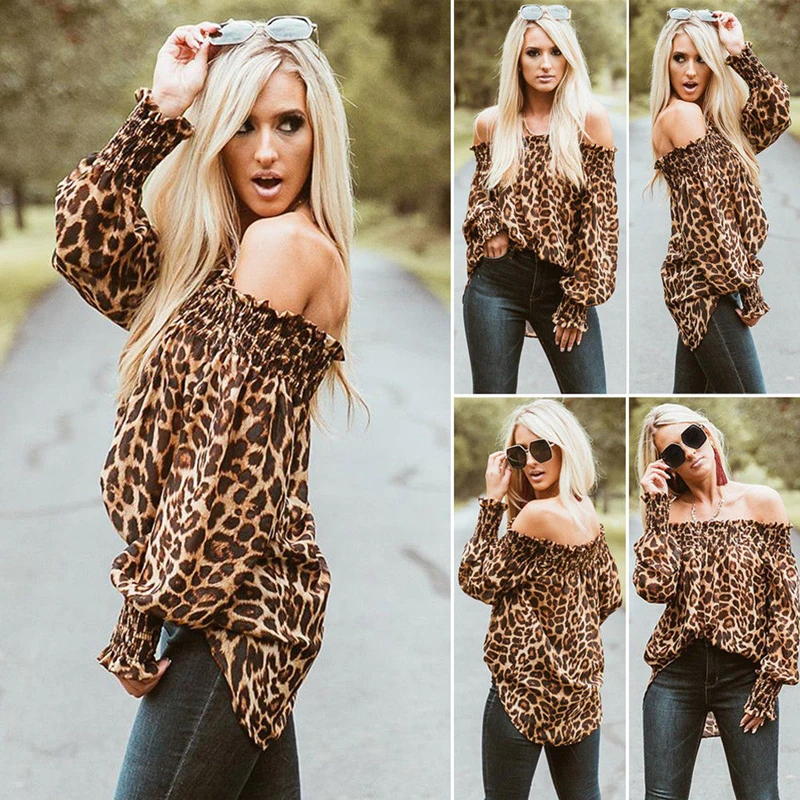

Europe and the United States women's 2022 spring autumn new leopard print shirt popular one-shoulder pullover loose top