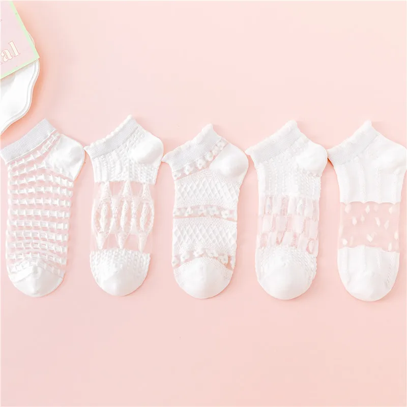 

White socks female socks spring/summer cotton pure shallow mouth glass fiber card thin check slip boneless suture pairs mix