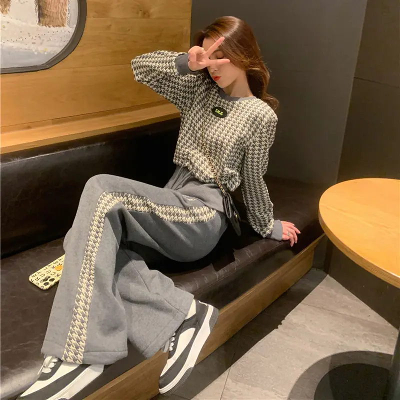 

Autumn Leisure Sports Suit Women Sportswear Long Sleeve Tops High Waist Wide-Leg Pants Two-Piece Set Streetwear Clothing E173