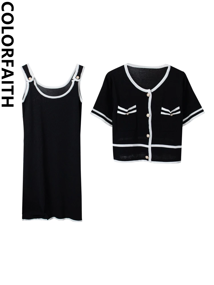 

Colorfaith/Новинка 2022 года; Комплект из двух предметов; Кардиган с платьем; Вязанные весенне-летние женские элегантные костюмы в Корейском стиле;...