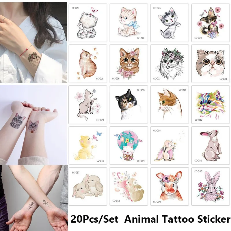 10-20Pcs  Animals Cat Temporary Tattoo Sticker Watercolor Tattoos for Women Body Art Child Girls Hand Water Transfer Fake Tattoo