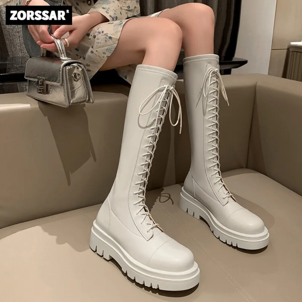 

White Cow Leather Cross-tied Knee High Stretch Boots Women Motorcycle Boots 2023 New Fashion Cool Girl Thigh High Knight Boots