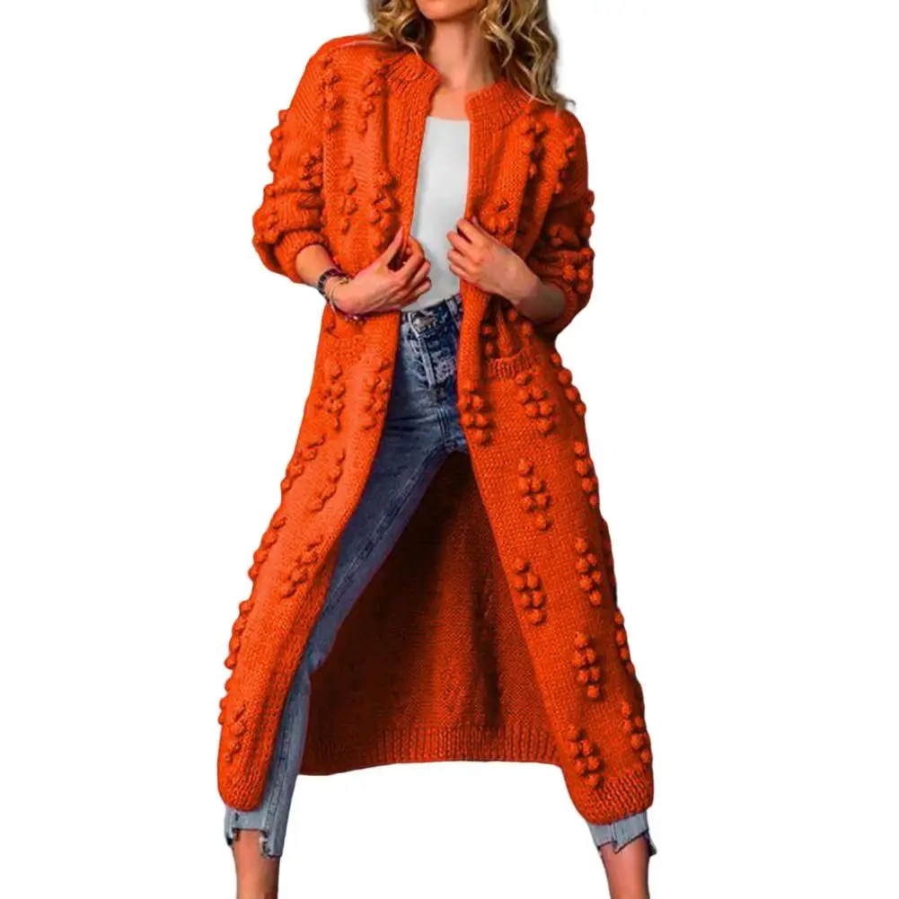 

Casual Knitted Cardigan Women Autumn Winter Long Sleeve Jacquard Decor Ribbed Trim Open Stitch Mid-Calf Length Knitted Cardigan