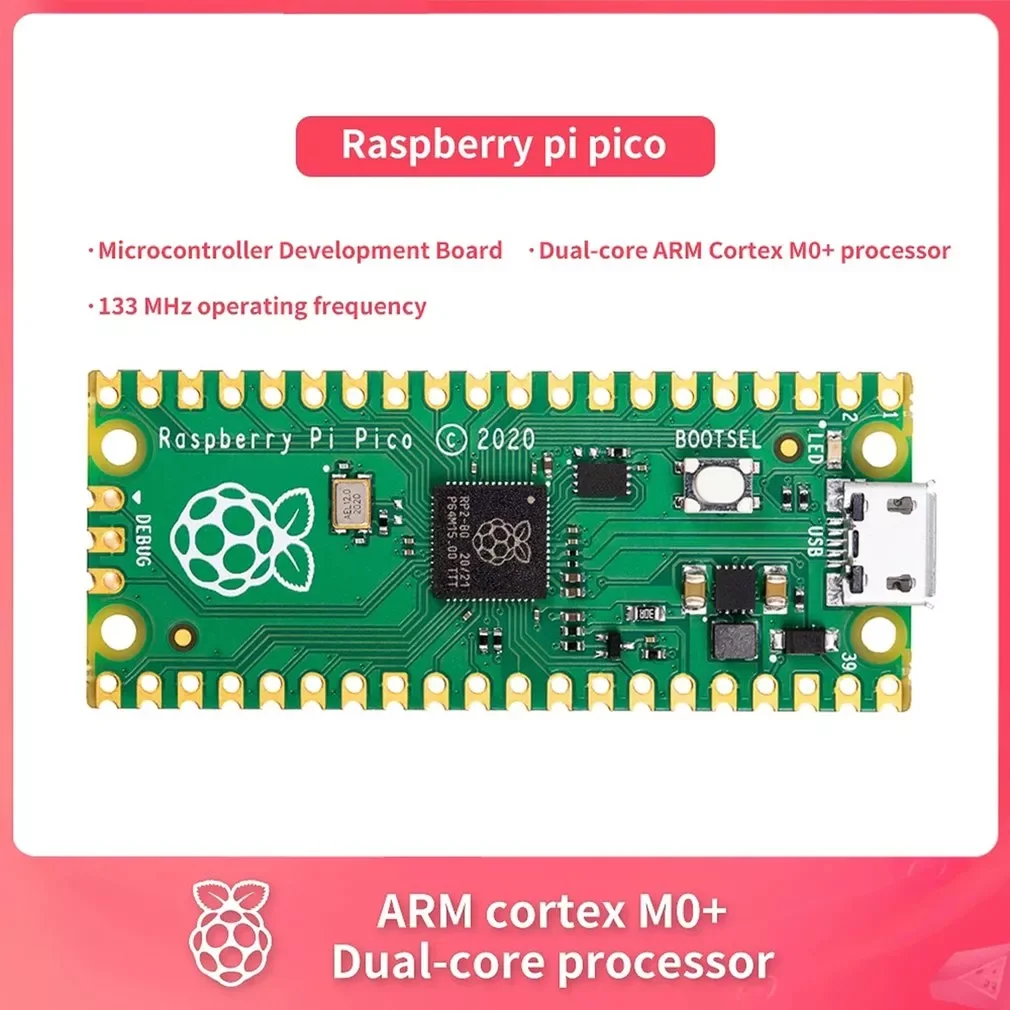 

Новая официальная макетная плата для микроконтроллера Raspberry pi pico, двухъядерный процессор ARM Cortex M0 +, рабочая частота 133 МГц