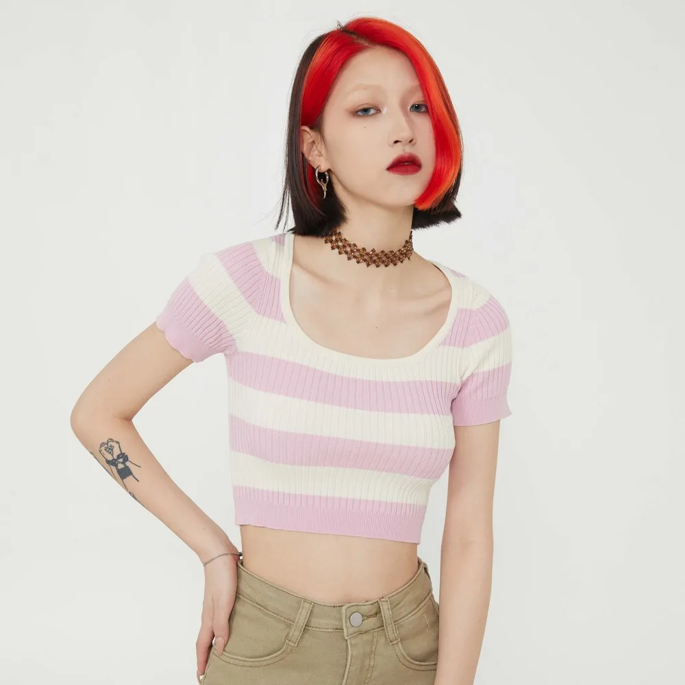 

Short Sleeve Y2k Summer Pink Tops for Girl Striped Pink Low Cut Women Tops Slim harajuku Sweater Women Clothing Knitted Sweater