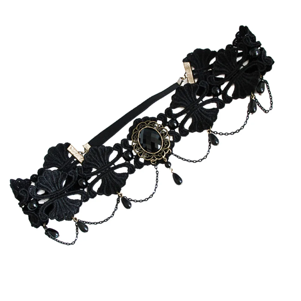

Forehead Band Headband Lace Black Hair Headdress Gothicelastic Headbands Accessoriesforchain Crystal Rhinestone Veil Jewelry
