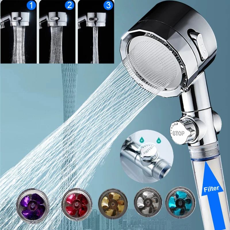 

3 Mode Turbo Shower Head Water Saving Flow Adjust With Small Fan Filter ABS Rain High Pressure Spray Nozzle Bathroom Accessories
