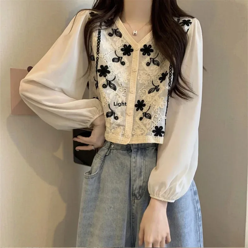 Кружевная рубашка с длинным рукавом и вышивкой 2024 новый дизайн укороченный