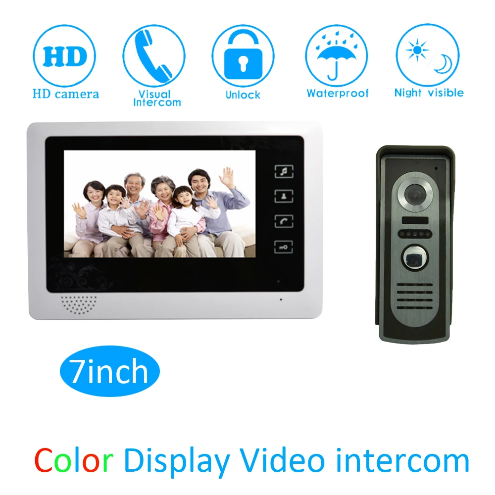 Home Use Wire Video Door Phone System Support Unlock Night Visible Camera For Visitor 7 Inch Lcd Screen 1 To 1 Doorbell Intercom