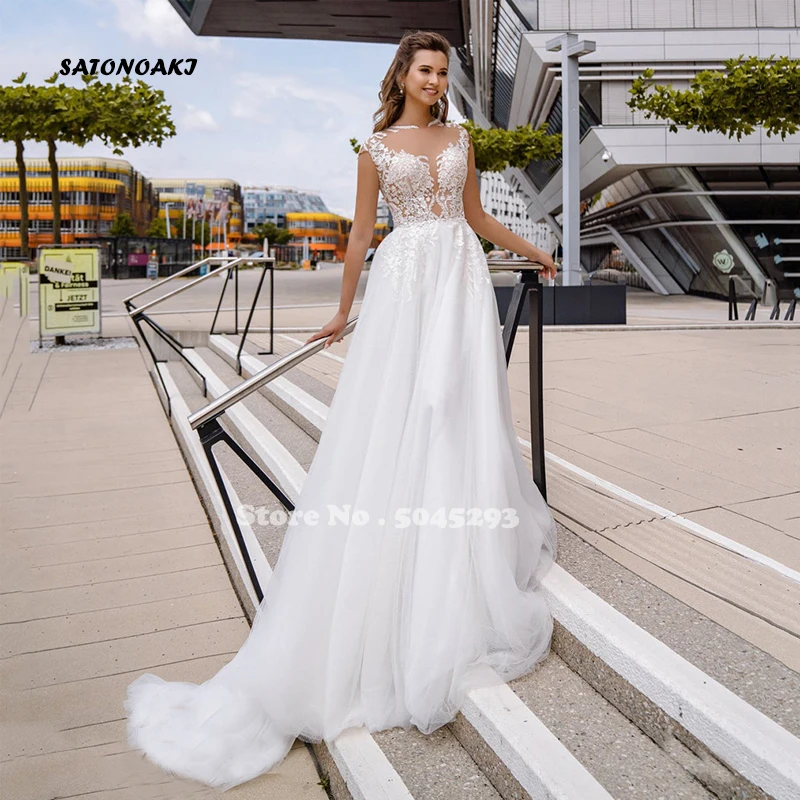 

Bohemian Sexy Wedding Dresses 2022 O-Neck Appliques Lace Tulle Princess Beach Bridal Gown Country Vestidos De Novia Robe Mariée