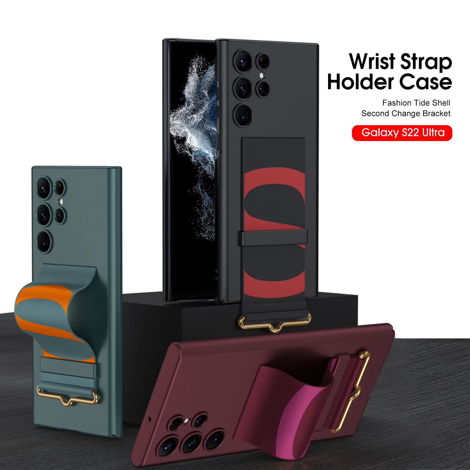 

GKK Leather Wrist Strap Holder Cover For Samsung Galaxy S22 Plus Ultra Case Matte Plastic Protection For Galaxy S22 Ultra Cover