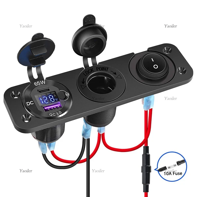 

12 В QC3.0 USB-разъем для быстрой зарядки 65 Вт Type-C PD-порт панельная прикуриватель со стандартом USB для автомобиля мотоцикла лодки
