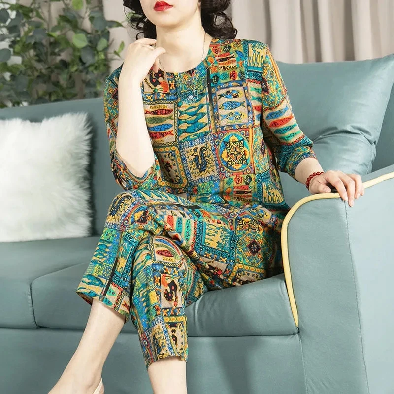 Женские комплекты из 2 предметов, хлопковая шелковая Винтажная футболка с рукавом 3/4 и цветочным принтом, повседневный спортивный костюм, лето