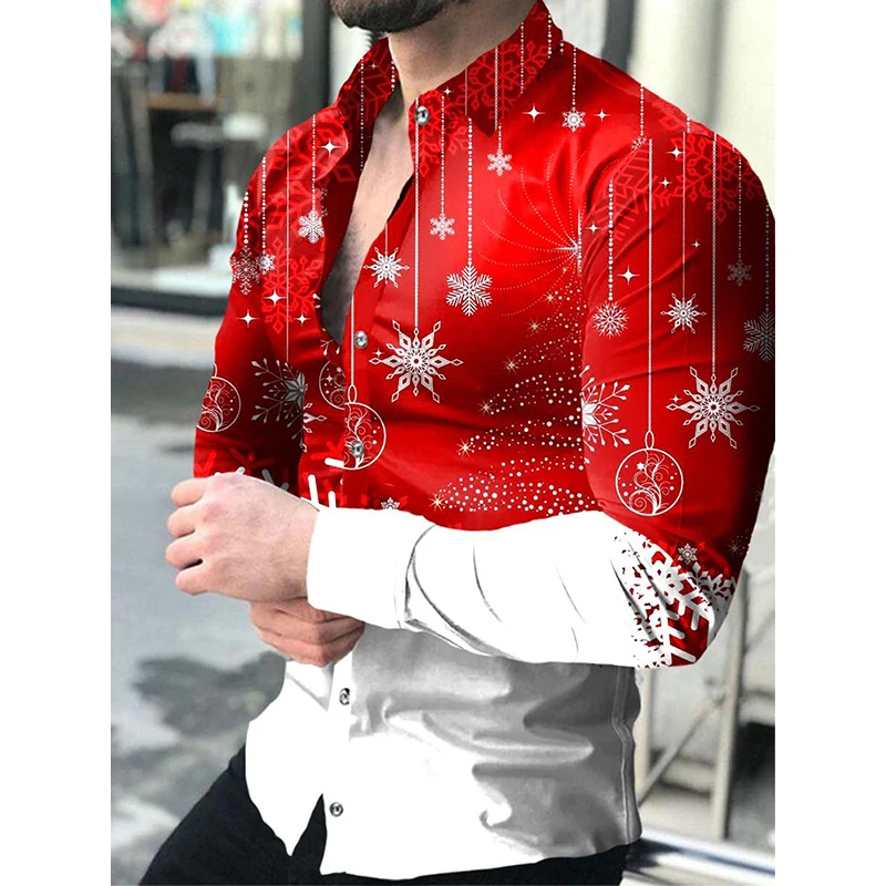 

New Autumn Men Shirts Christmas Turn-down Collar Buttoned Shirt 3d Casual Snowflake Print Long Sleeve Tops Xmas Men's Streetwear