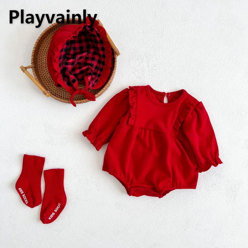 

Baby Clothes Autumn Baby Girl Bodysuit Red Hundred Days Full Moon Princess Jumpsuit+Cap Infant Clothes Newborn Outfits E66