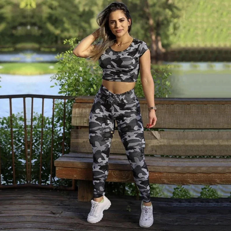 

Gymystar Camouflage Short Sleeve Top&High-Waisted Leggings Sports Suit Women Fashion 2 Peice Set Women Sportswear