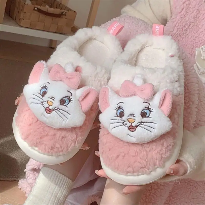 Kawaii Disney Marie Cat женские хлопковые тапочки зимние домашние нескользящие плюшевые
