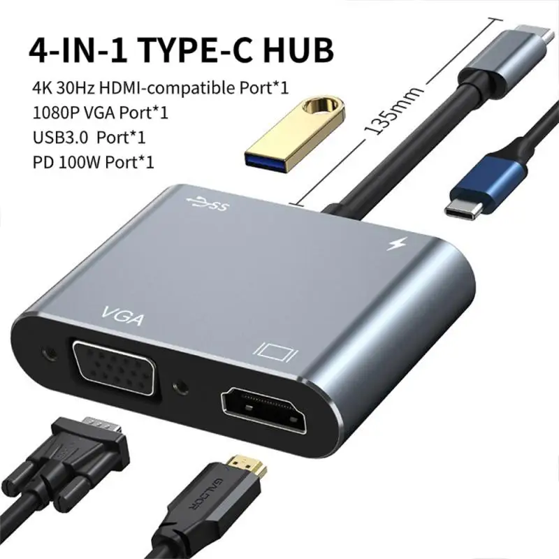 

Hot Type-c Hub Vga Pd Adapter Expansion Dock Usb-c To 4k Hdmi-compatible 4 In 1 Docking Station Multi-function Usb Splitter