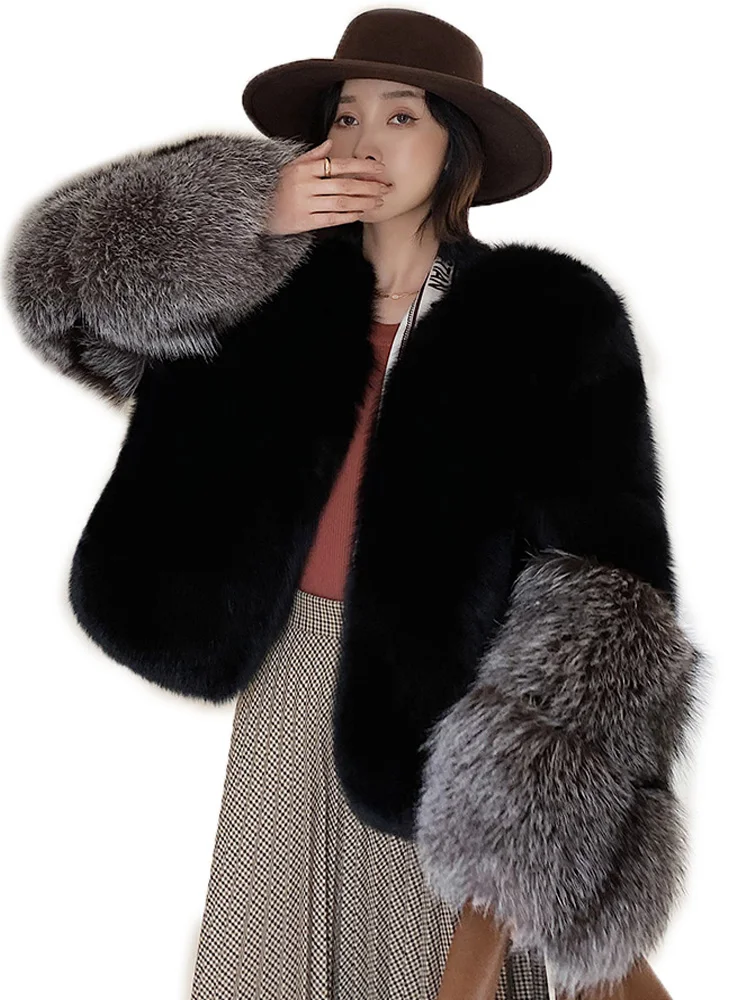 2022 New Winter Natural Real Fox Fur Coat Women Whole Skin Genuine Leather Fur Jacket With Silver Fox Fur Sleeve Coat for Female