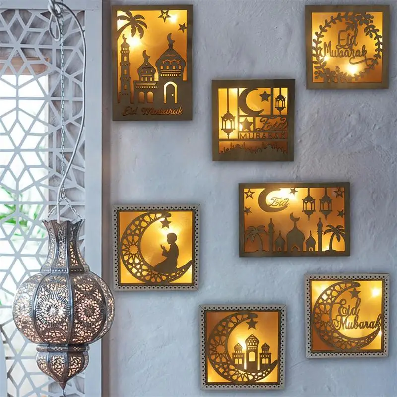 

DIY Wooden Square LED Light Decorations Islamic Eid Festive Furnishing Crafts Ornaments Light Home Party Table Lamp Light
