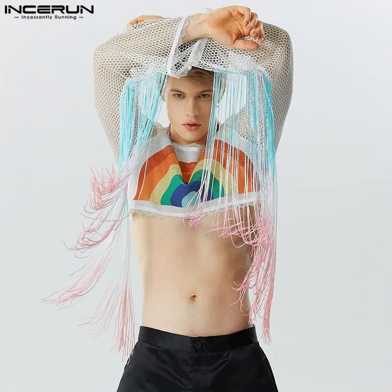 Топы INCERUN новинка 2024 мужские радужные просвечивающие сетчатые укороченные