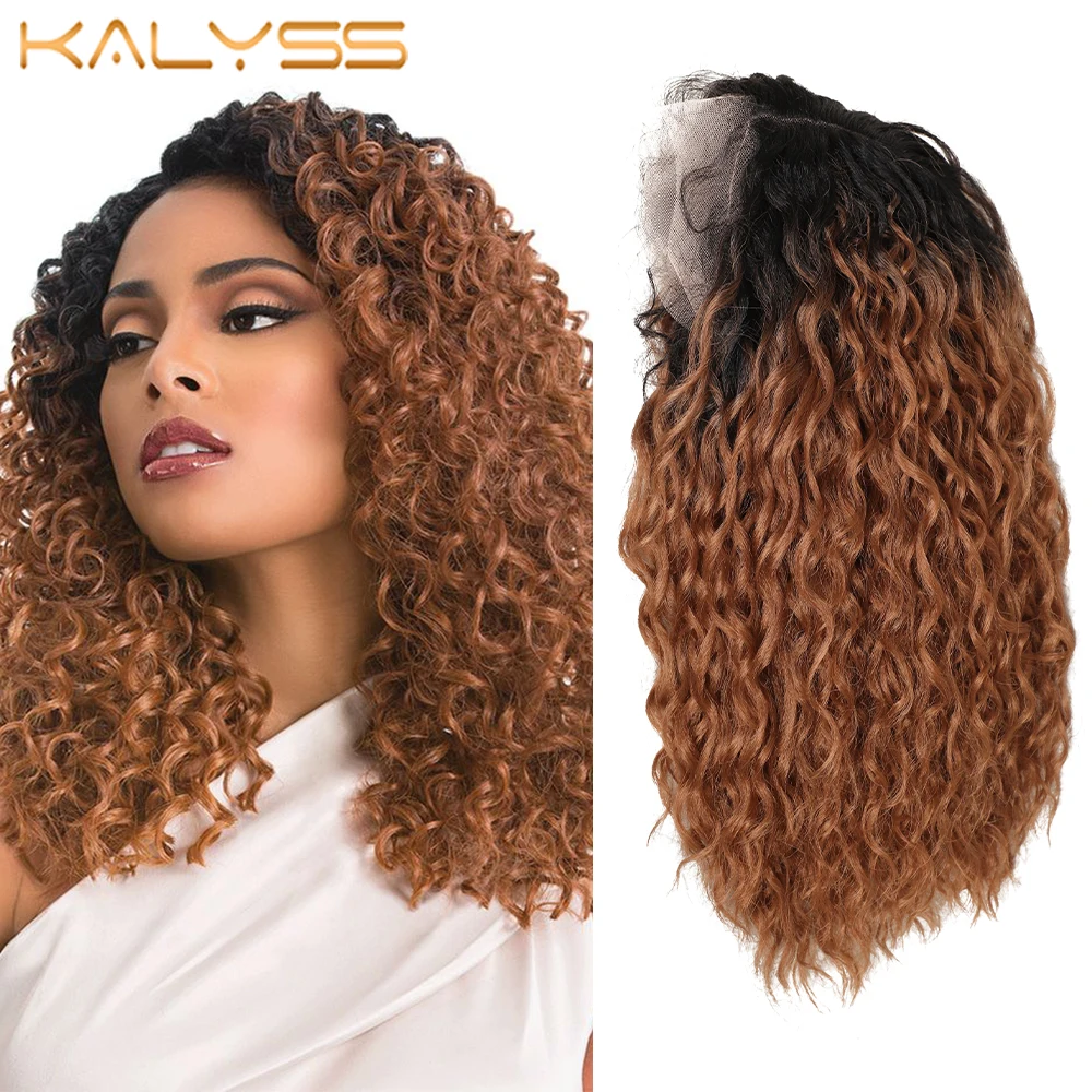 Kalyss Short Lace Front Curly Wig With Baby Hair 15 Inches Ombre Brown Deep Wave Wigs For Black Women Synthetic Lace Part Wigs