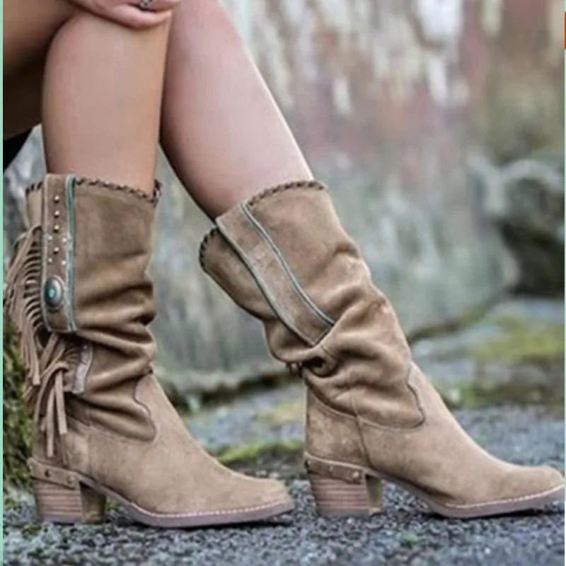

Autumn Bohemian Boots Women Ethnic Tassel Fringe Faux Suede Leather Mid Half Boots Woman Square Heel Shoe Booties Rtg5