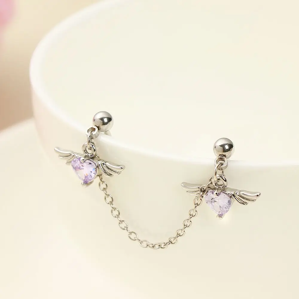 

Dangle 12mm Women Girls Long Chain Angel Wings Helix Piercing Earring Heart Double Lobe Cartilage Earring Studs