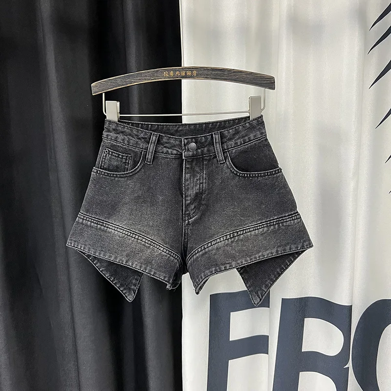 European Style 2023 Summer New High Waist Irregular Casual Denim Shorts Women's Slimming All-Matching Wide Leg A-line Booty Pant