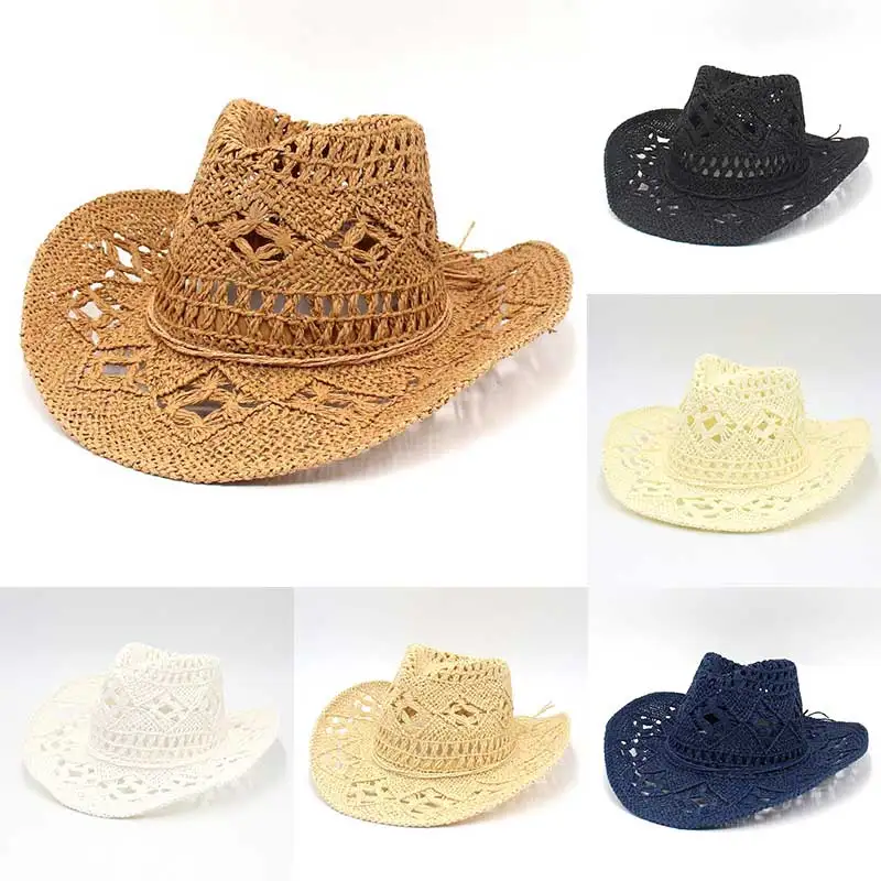 

Модная плетеная ковбойская соломенная шляпа для женщин и мужчин, уличные пляжные шляпы для путешествий, унисекс, одноцветная Западная солн...