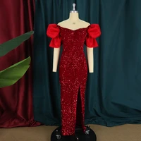 puff short sleeves red sequined evening dresses women 2022 elegant robes de soir%c3%a9e glitter off the shoulder long party gowns 4xl